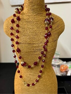 Gold and Burgundy Bead Long Necklace - Women Jewelry